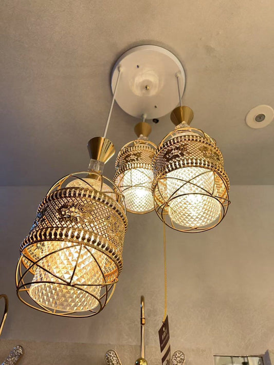 Gold Triple Crystal Cage Pendant Light